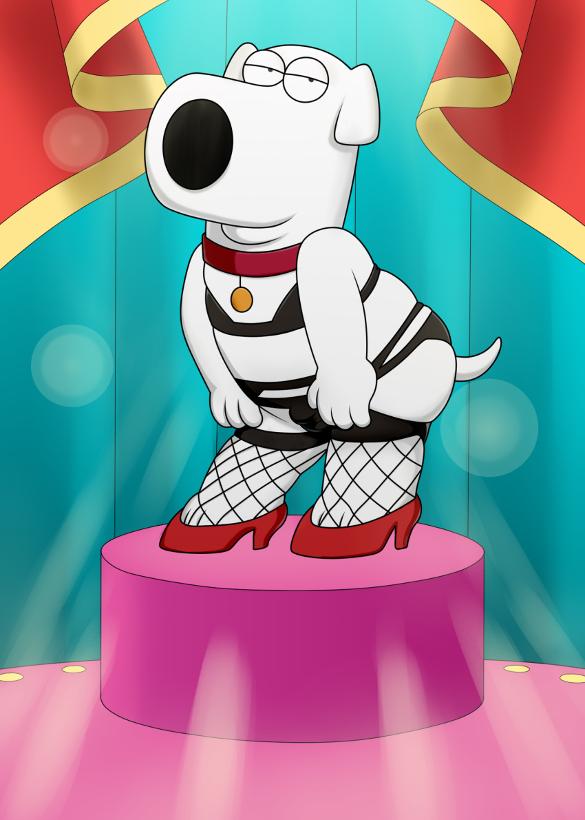 anthro brian_griffin bulge canid canine canis clothed clothing collar crossdressing domestic_dog family_guy fishnet fishnet_legwear footwear fur garter_belt garter_straps hi_res high_heels legwear magzol male mammal on_model panties smile underwear white_body white_fur