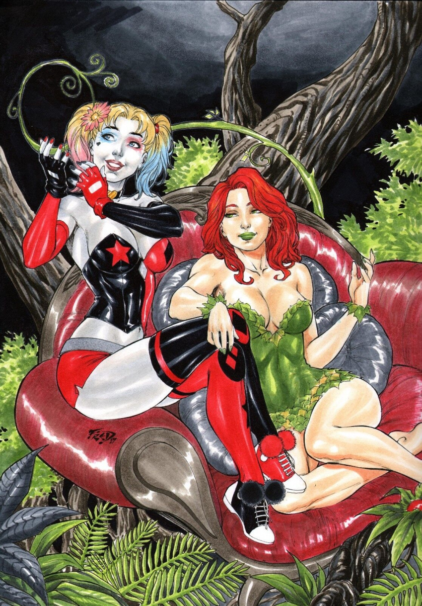 2girls absolute_territory big_breasts blonde_hair blue_eyes cleavage dc dc_comics ed_benes_studio eyeshadow fred_benes green_eyes green_lipstick harley_quinn large_breasts lipstick poison_ivy red_hair red_lipstick smiling thighhighs tight_clothing twintails