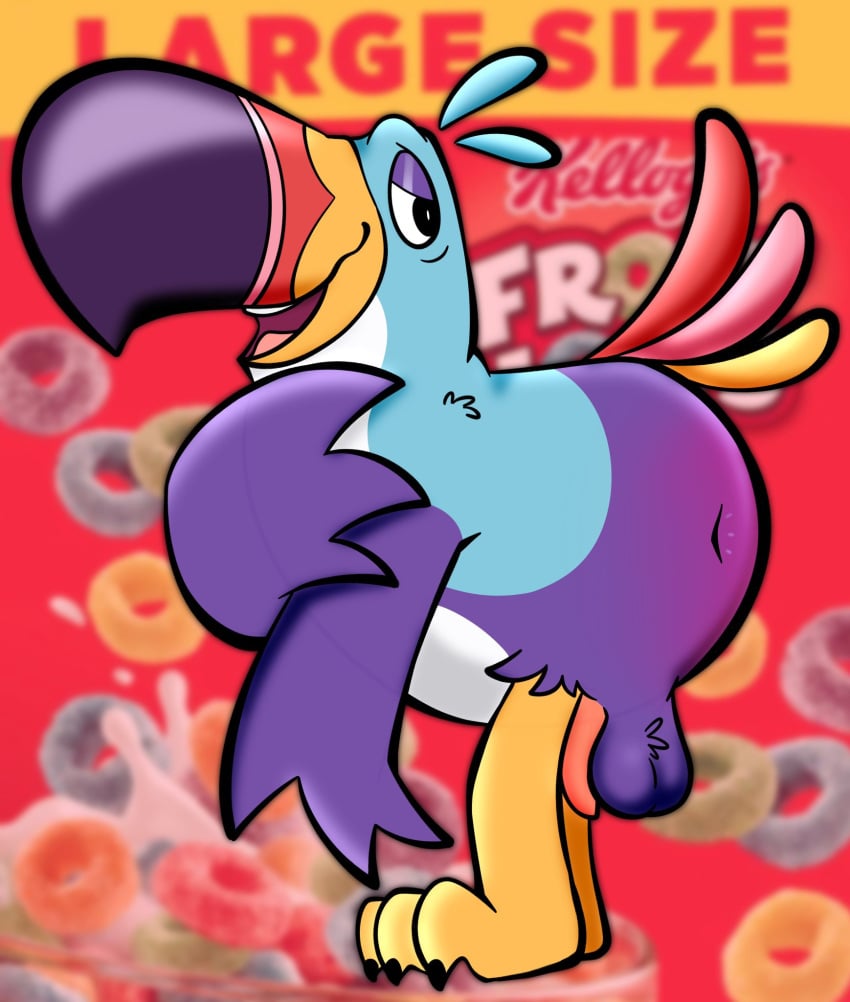 anthro anus avian balls beak bent_over bird blurred_background english_text feathers froot_loops genitals guide_lines hi_res kellogg's looking_away male male_focus male_only male_solo mascot narrowed_eyes open_mouth penis salamikii solo solo_male tail_feathers teeth text toucan toucan_sam