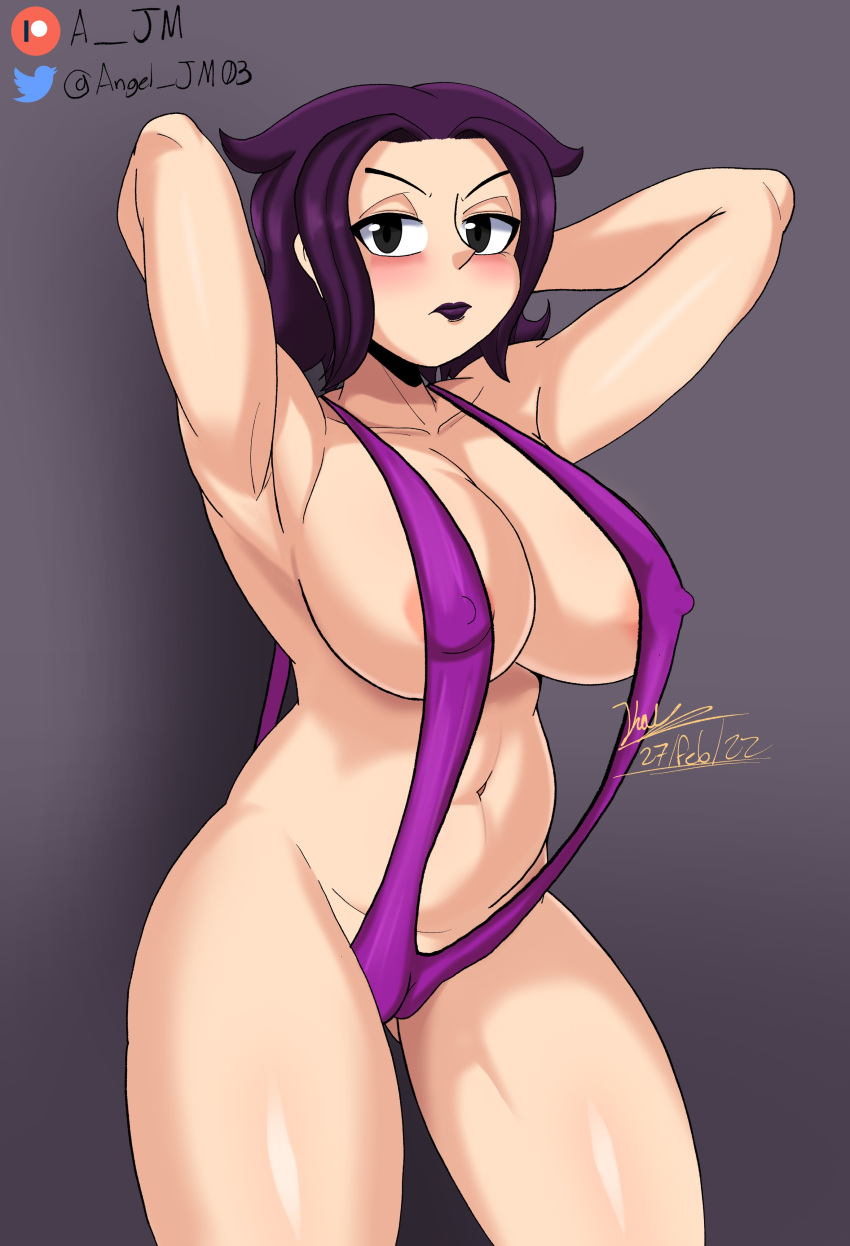 1girls a_jnsfw alternate_costume alternate_version_available areolae armpits big_breasts black_eyes breasts cameltoe cleavage erect_nipples female female_only hands_behind_head huge_breasts lips lipstick original original_character purple_hair purple_sling_bikini skimpy skimpy_bikini sling_bikini solo solo_female swimsuit swimwear thick_lips thick_thighs thighs violeta_(a_jnsfw)