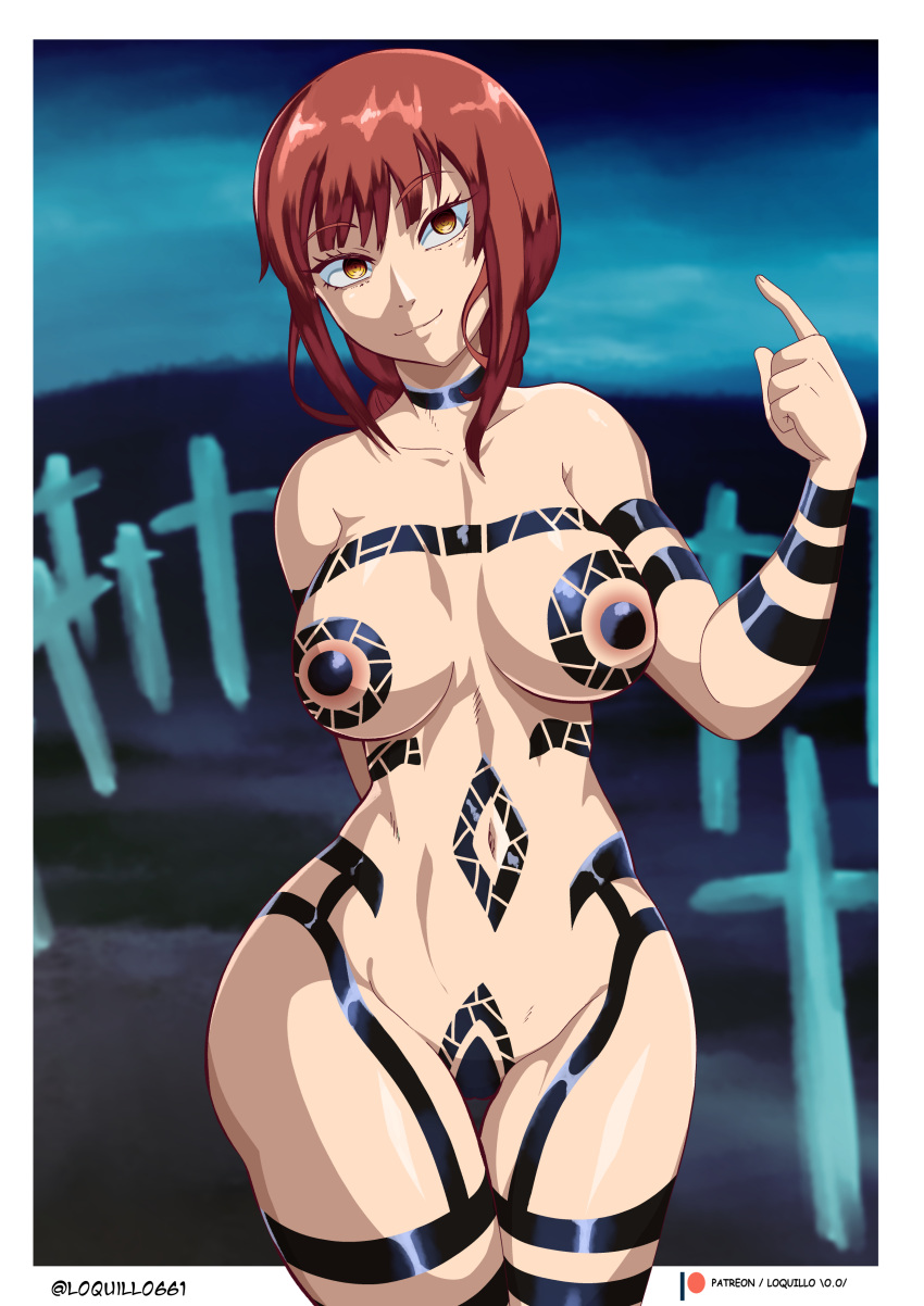 1girls big_breasts black_tape braided_hair breasts chainsaw_man covered_nipples eye_contact female female_focus female_only looking_at_viewer loquillo makima_(chainsaw_man) orange_hair red_eyes shiny_skin solo solo_female standing thick_thighs