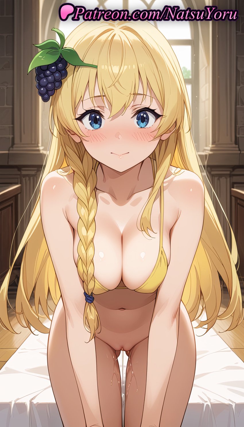 1girls ai_generated anime anime_style ass_visible_through_thighs bangs bare_shoulders bed bent_over bikini bikini_top bikini_top_only blonde_hair blue_eyes blush bottomless braid breasts breasts_squeezed_together bust busty cleavage cleft_of_venus closed_mouth clothing collarbone female female_focus female_only food food-themed_hair_ornament fruit grapes hair_ornament indoors iris_(konosuba) kneeling kono_subarashii_sekai_ni_shukufuku_wo! large_breasts leaning_forward long_hair looking_at_viewer medium_breasts natsuyoru navel paipan pussy pussy_juice side_braid single_braid smile solo solo_female stomach swimsuit thigh_gap thighs uncensored vagina voluptuous voluptuous_female window yellow_bikini