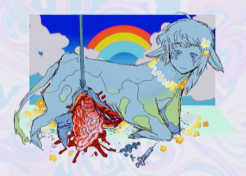 animal_ears blue_background blue_eyes cloud cow_ears cow_girl crying female full_body gore guro highres human_head ichiruho intestines long_hair original rainbow solo syringe