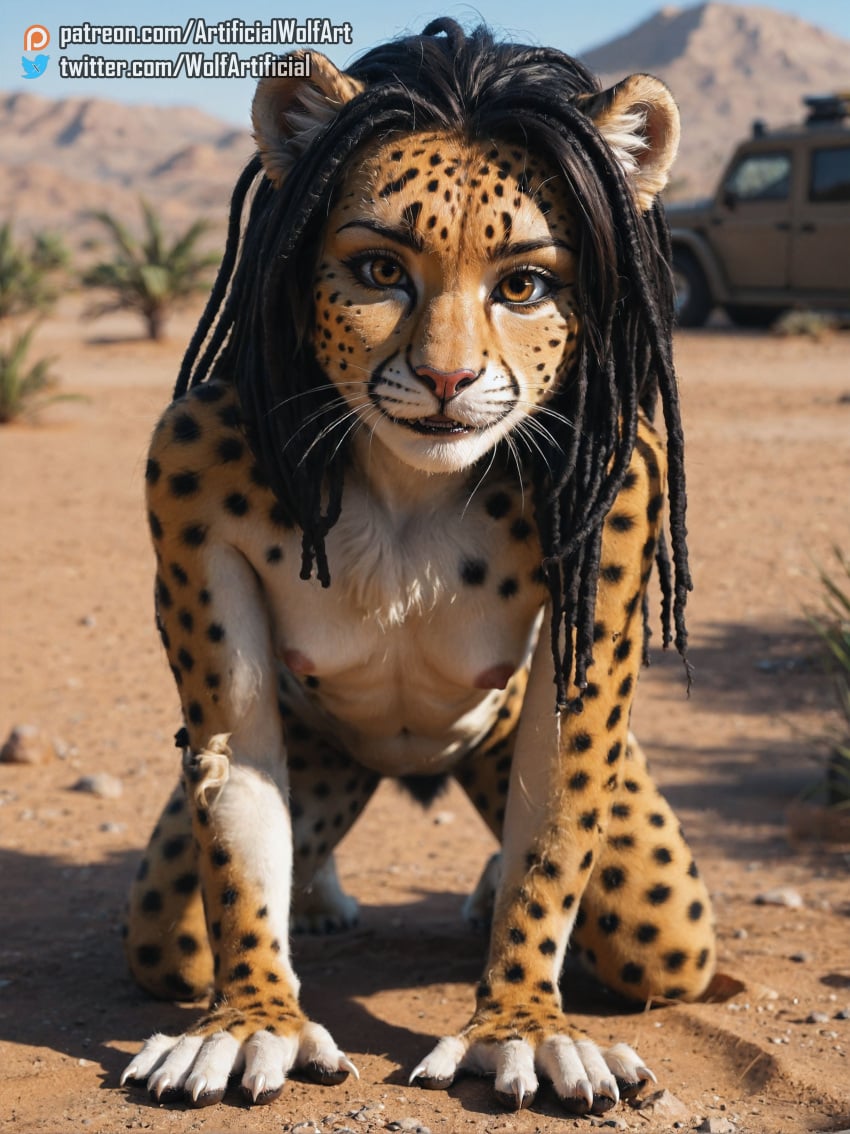 ai_assisted ai_generated desert dreadlocks furry furry_female hi_res highres leopard leopard_spots nude photorealistic realistic