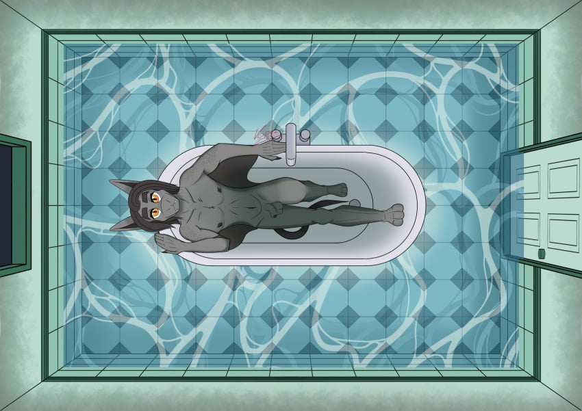 2024 anthro bat bathroom bathtub door drain fangs faucet flaccid floor foreskin genitals hair hi_res long_hair looking_at_viewer male mammal night nipples nude nude_male orange_eyes penis solo surrealism tail teeth tile tile_floor vesper_thee_bat vesper_thee_bat_(character) water window wings