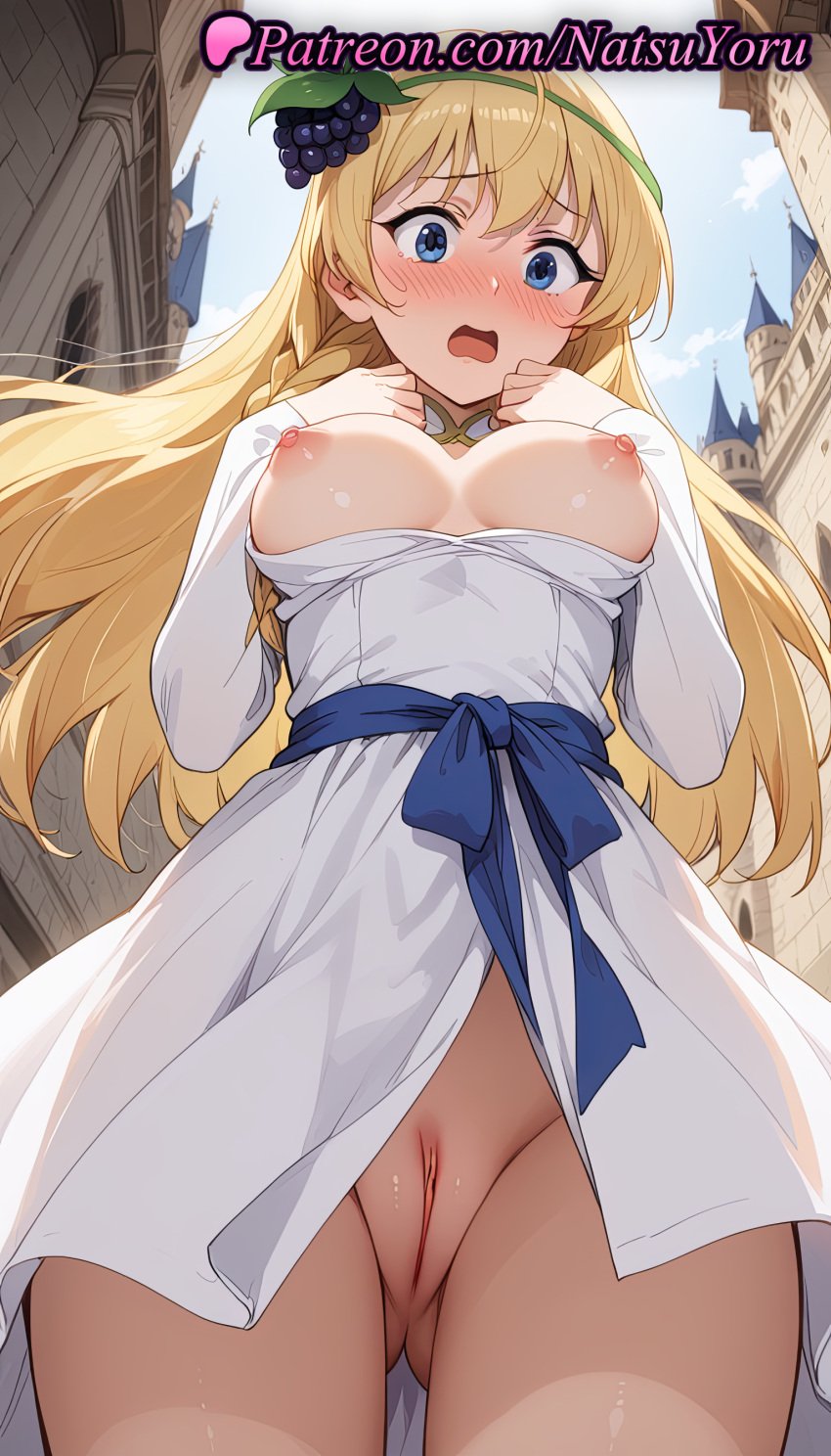 1girls ai_generated anime anime_style asian ass_visible_through_thighs bangs blonde_hair blue_eyes blue_sky blush braid breasts breasts_apart breasts_out breasts_outside building bust busty cleft_of_venus clothes_pull clothing cowboy_shot day dress dress_pull erect_nipples female female_focus female_only food food-themed_hair_ornament from_below fruit grapes hair_ornament hairband hands_on_own_chest hands_up iris_(konosuba) kono_subarashii_sekai_ni_shukufuku_wo! large_breasts long_hair long_sleeves looking_at_viewer looking_down medium_breasts natsuyoru nipples nipples_outside no_bra no_panties nopan nose_blush open_mouth outdoors public_indecency pussy sash shaved_pussy shiny side_braid sky solo solo_female standing thighs uncensored vagina voluptuous voluptuous_female white_dress