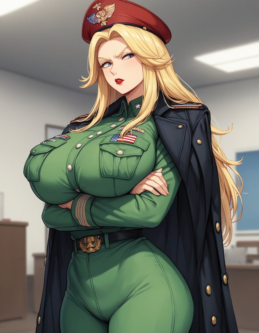 1girls ai_generated american_flag angry arms_under_breasts bakunyuu_jagd_panther bangs belt big_breasts blonde_hair blue_eyes blurry_background breasts civitai clothing coat coat_on_shoulders cowboy_shot crossed_arms curvy enragedcake eyelashes female female_focus female_only hat headwear highres hips huge_breasts human indoors kochikame large_breasts lips lipstick long_hair long_sleeves looking_to_the_side military_hat military_uniform nai_diffusion narrowed_eyes pants parted_bangs parted_lips pinup red_lipstick solo solo_female teeth voluptuous wide_hips