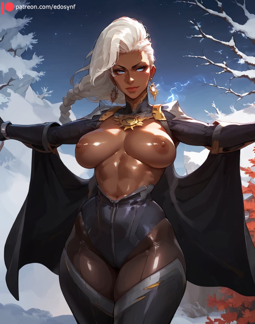 1girls ai_generated autumn_leaves black_bodysuit blue_eyes bodysuit braid breasts breasts_out clear_sky cloak closed_mouth confident cowboy_shot dark-skinned_female dark_skin earrings edosynf female hands_out_of_frame highres large_breasts light_smile lightning lips lipstick long_hair looking_at_viewer marvel marvel_comics marvel_rivals medium_breasts night nipples open_bodysuit open_clothes ororo_munroe outdoors outstretched_arms outstretched_hands self_upload serious shiny shiny_hair shiny_skin single_braid sky snow solo solo_focus standing star_(sky) starry_sky storm_(x-men) sun_earrings thick_thighs thighs topless white_hair winter x-men