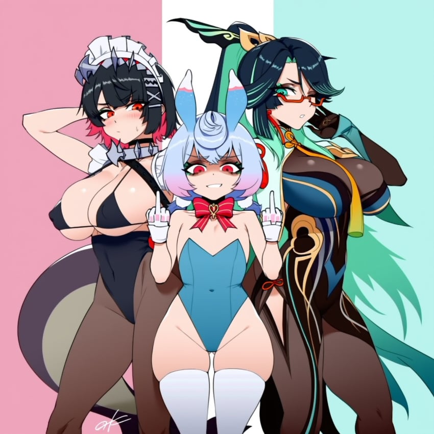 1girls 3girls bunnysuit ellen_joe genshin_impact grin makeup makeup_running middle_finger naughty_face playboy_bunny sassy shaded_face shark_tail sigewinne_(genshin_impact) thick_thighs thighhighs wide_hips xianyun_(genshin_impact) zenless_zone_zero