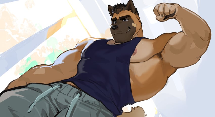 2022 brown_body brown_hair clothed domestic_dog furry male muscular saltypoundcake solo yellow_body