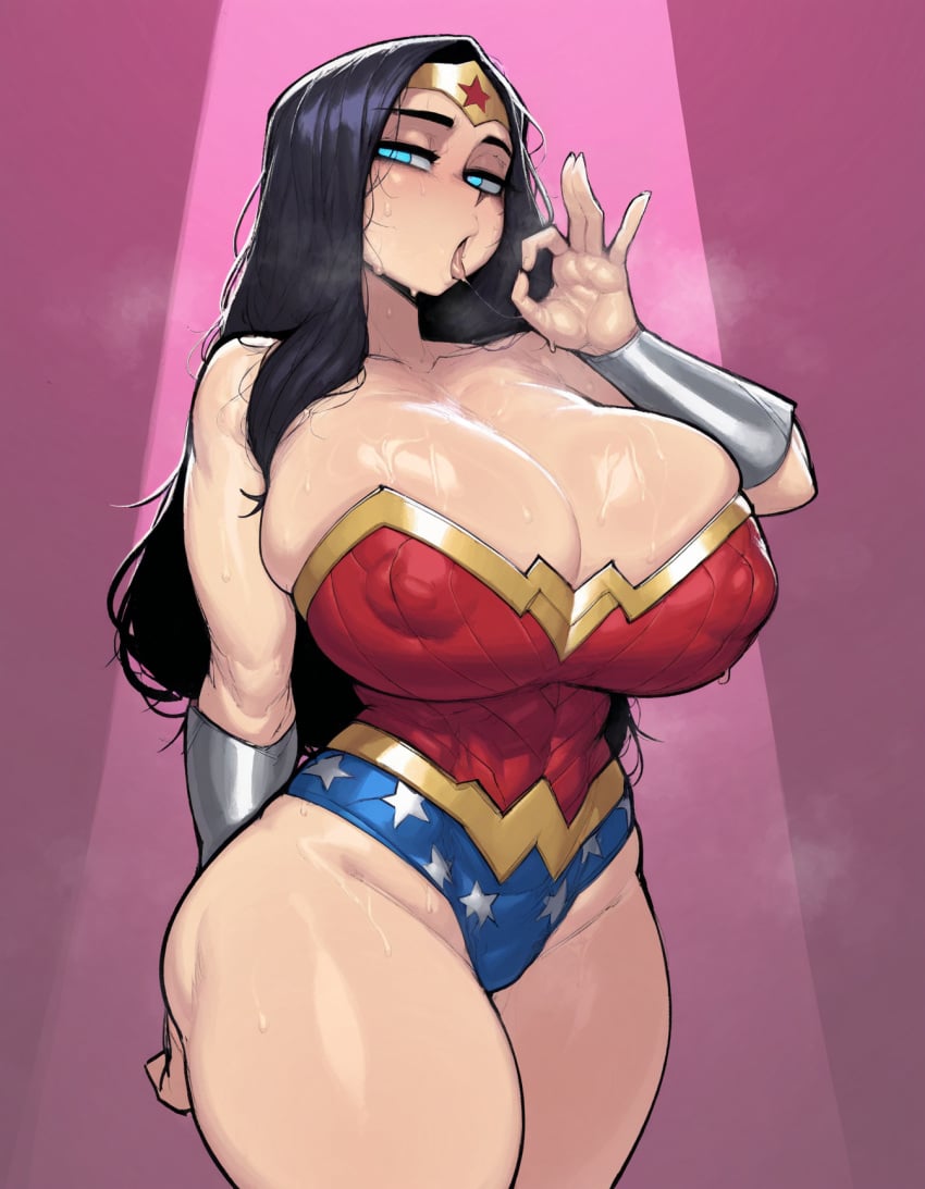 1girls ai_generated black_hair blue_eyes bracelet breasts cleavage covered_nipples cowboy_shot dc dc_comics fellatio_gesture fucktoy goonedoutp3rv headband huge_breasts krekk0v_(ai_style) leotard long_hair looking_at_viewer open_mouth simple_background slim_waist solo thick_thighs thighs tongue tongue_out wide_hips wonder_woman wonder_woman_(series)