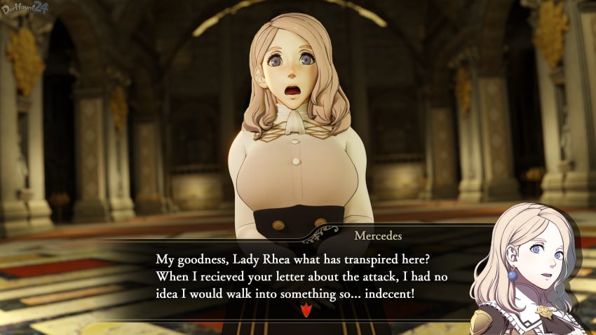 3d alternate_hairstyle blonde_hair blue_eyes blue_nails breasts brown_hair church corruption curse dochaunt24 dress_shirt english_text exhibitionism female female_only fire_emblem fire_emblem:_three_houses fire_emblem_warriors:_three_hopes garreg_mach_monastery_uniform humiliation indoors large_breasts light-skinned_female light_skin long_sleeves looking_at_viewer medium_hair mercedes_von_martritz mind_control nail_polish nintendo official_alternate_hairstyle open_mouth own_hands_together pillar public public_nudity shirt shocked skirt solo standing text text_box trap upper_body wide_eyed yuri