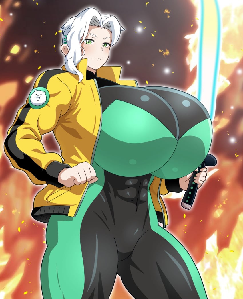 1female 1girls :t abs bodysuit breasts breasts_bigger_than_head clenched_fist fire flames gigantic_breasts green_eyes hitokiwa_kenchin holding_object holding_sword holding_weapon huge_breasts jacket looking_at_viewer short_hair slightly_muscular sword the_battle_cats thick_thighs thunder_thighs tight_bodysuit tight_clothing tomboy toned toned_female top_heavy voluptuous voluptuous_female weapon white_hair wide_hips