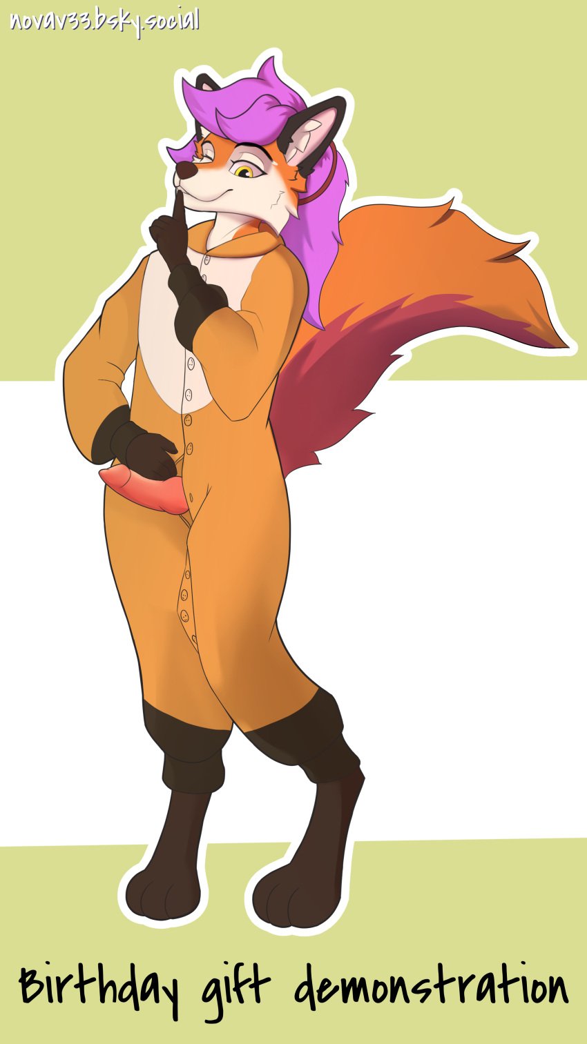 absurd_res anthro canid canine clothing english_text femboy fox fur genitals hair hi_res kigurumi knot knotted_penis long_hair looking_at_viewer male mammal nova_(novav33) novav33 onesie orange_body orange_fur penis pink_hair presenting presenting_penis solo standing text