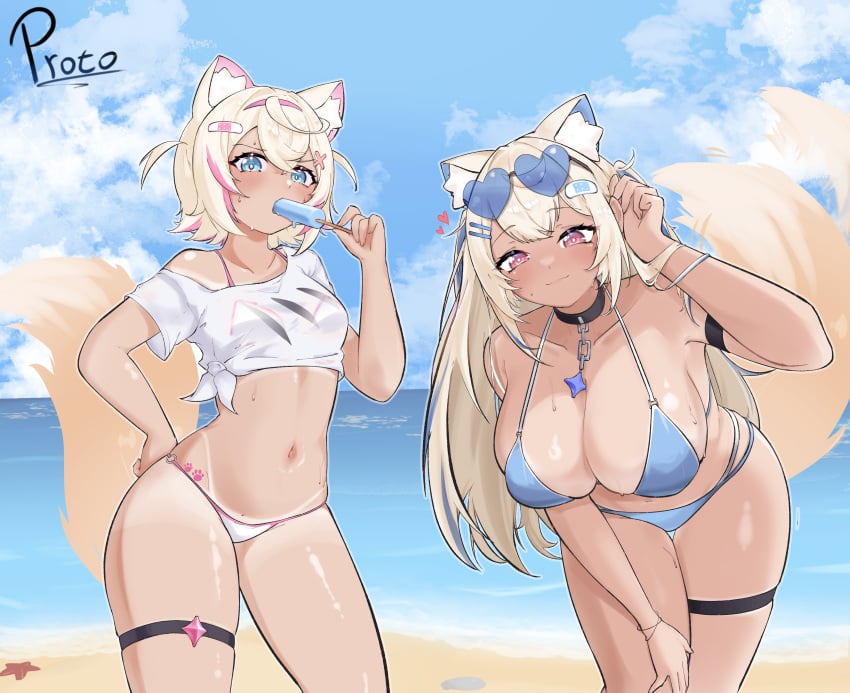 2d_(artwork) 2girls alternate_costume animal_ears animal_tail belly_button bikini bikini_bottom bikini_top blonde_hair blue_bikini_bottom blue_bikini_top blue_eyes blue_swimsuit clouds day female female_only front_view fuwamoco fuwawa_abyssgard hololive hololive_english hololive_english_-advent- kemonomimi long_hair looking_at_viewer mococo_abyssgard navel ocean outdoors p_protocoll pink_bikini_bottom pink_bikini_top pink_eyes pink_swimsuit popsicle proto revealing_swimsuit short_hair sky slim_girl small_breasts smiling smiling_at_viewer standing summer sunglasses sunglasses_on_head swimsuit tan tan_lines thong thong_bikini tied_shirt two_piece_swimsuit virtual_youtuber vtuber vtuberfanart water