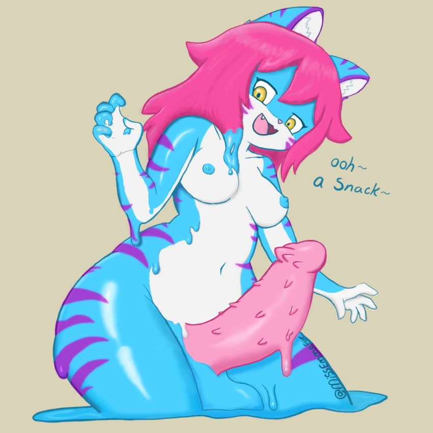 1:1 anthro blue_body breasts digital_media_(artwork) erection felid genitals goo_creature gynomorph hair hi_res intersex mammal missemma missemmafur nipples nude open_mouth pantherine penis pink_hair purple_stripes simple_background solo stripes text tiger yellow_eyes