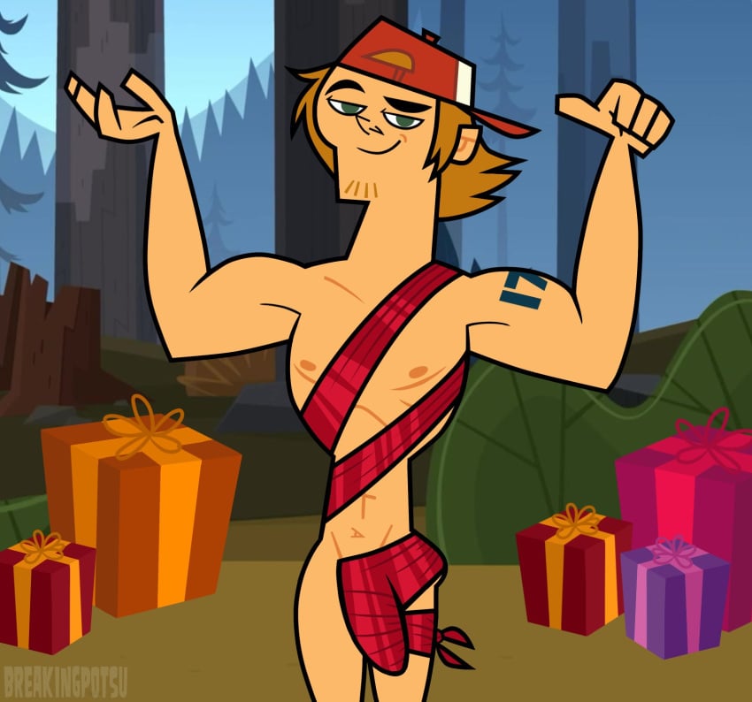 arms_up backwards_baseball_cap blonde_hair breakingpotsu christmas christmas_present green_eyes large_penis looking_at_viewer male male_focus male_only naked naked_male no_body_hair pointing_at_self ribbon smirk tattoo total_drama_island total_drama_island_(2023) wayne_(tdi) wrapped