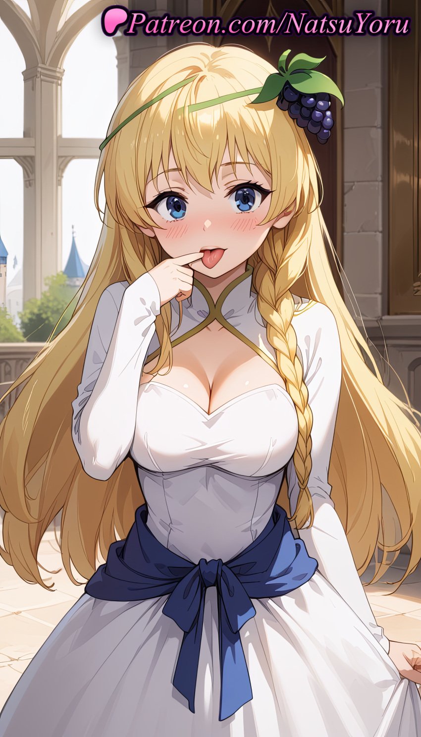 1girls ai_generated anime anime_style arch asian bangs blonde_hair blue_eyes blush braid breasts bust busty cleavage cleavage_cutout clothing clothing_cutout cowboy_shot day dress female female_focus female_only finger_to_mouth food food-themed_hair_ornament fruit grapes hair_ornament hentai indoors iris_(konosuba) kono_subarashii_sekai_ni_shukufuku_wo! large_breasts long_hair long_sleeves looking_at_viewer medium_breasts natsuyoru open_mouth outdoors sash side_braid single_braid smile solo solo_female tongue tongue_out very_long_hair voluptuous voluptuous_female white_dress