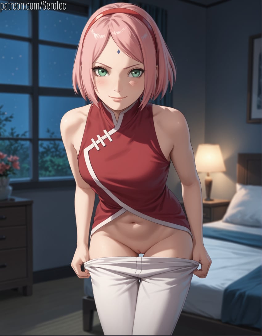 1female 1girls 2d ai_generated big_forehead blush detailed_female female forehead_mark girl green_eyes hairband hi_res high_resolution highres naruto_(series) pants_pull pink_hair pony_diffusion_xltasy pussy sakura_haruno serotec short_hair smile straight stripping vagina