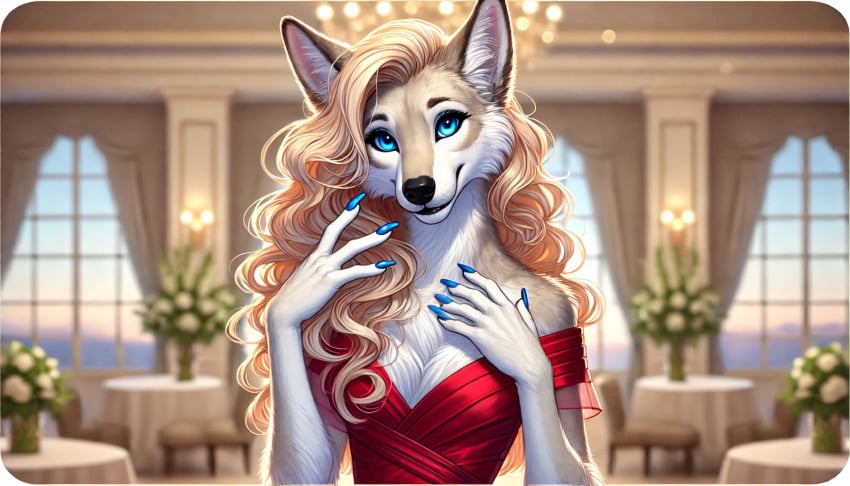 ai_generated anthro blonde_hair blue_eyes cocktail_dress painted_fingernails smiling_at_viewer wolf_girl