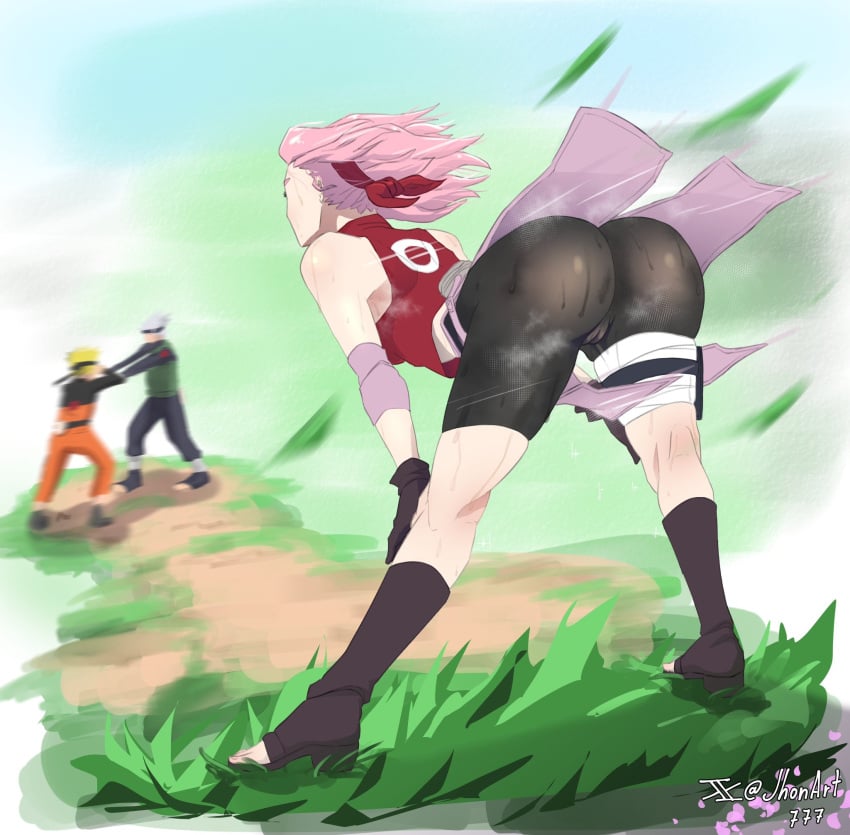 1girls 2boys arched_back ass back_view bent_over big_ass bike_shorts blonde_hair blurry_background boots cameltoe elbow_pads female_focus from_behind gloves hatake_kakashi hi_res jhonart777 long_hair multiple_boys naruto naruto_(series) naruto_shippuden nature outdoors people_in_background pink_hair presenting_ass pussy rear_view round_ass sakura_haruno shirt silver_hair skirt skirt_lift solo sparring stretching sweat sweatdrop sweating teacher_and_student thick_ass uzumaki_naruto watermark wind wind_lift