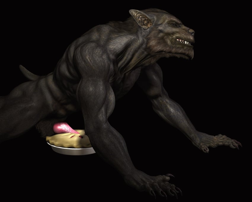 1boy 3d all_fours anthro black erection food_play fur furry lycan male male_only muscles nude penis pie pose solo underworld werewolf what wooky