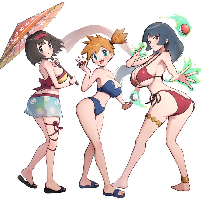 3girls absurdres aqua_eyes ass bikini blue_hair blunt_bangs breasts brown_hair butt_crack cleavage coin commentary_request erika_(pokemon) full_body game_freak gonzarez highres kasumi_(pokemon) large_breasts looking_at_viewer looking_back multiple_girls nintendo orange_eyes pokemon pokemon_frlg pokemon_rgby pokemon_tcg pokemon_tcg_pocket red_bikini sabrina_(pokemon) serious serious_look simple_background smile swimsuit trio white_background