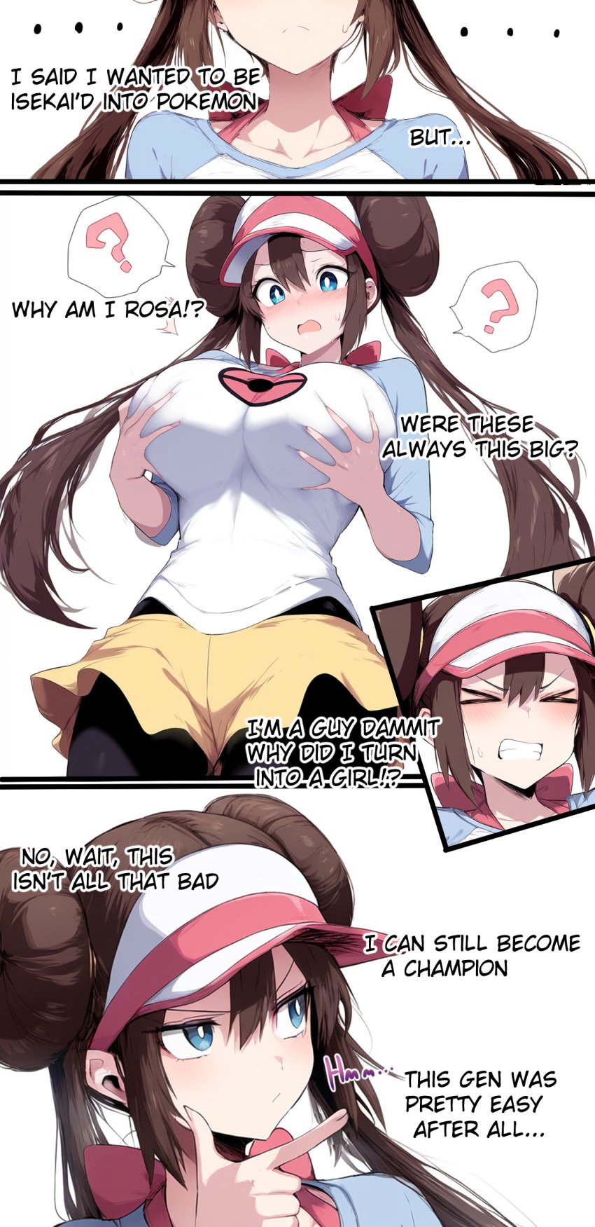 1girls ai_generated big_breasts blue_eyes blue_shirt blush brown_hair clenched_teeth comic double_bun english_text furrowed_brow genderswap_(mtf) grabbing_own_breast hat maayka multiple_views pantyhose pantyhose_under_shorts pokemon pokemon_bw2 rosa_(pokemon) spoken_question_mark twintails two-tone_shirt visor_cap white_pupils white_shirt yellow_shorts