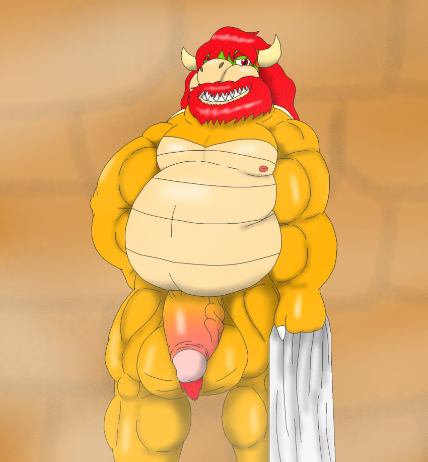 1boy alythewolfcat anthro balls beard belly big_balls big_belly big_penis body_hair bowser facial_hair furry genitals hairy_balls hi_res holding_object holding_towel huge_balls huge_belly huge_cock koopa male mario_(series) muscular muscular_male nintendo penis sauna scalie solo towel