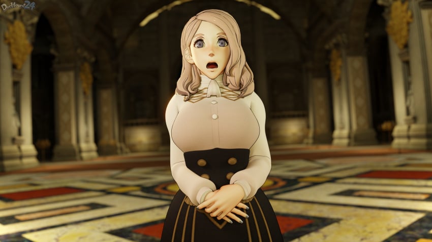 3d alternate_hairstyle blonde_hair blue_eyes blue_nails breasts brown_hair church dochaunt24 dress_shirt exhibitionism female female_only fire_emblem fire_emblem:_three_houses fire_emblem_warriors:_three_hopes garreg_mach_monastery_uniform humiliation indoors large_breasts light-skinned_female light_skin long_sleeves looking_at_viewer medium_hair mercedes_von_martritz nail_polish nintendo official_alternate_hairstyle open_mouth own_hands_together pillar public public_nudity shirt shocked skirt solo standing textless_version trap upper_body wide_eyed yuri