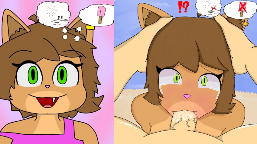 anthro art_an_tart_(artist) art_request beach before_and_after blush brown_hair cat_ears catgirl crying different_artstyle early_design feline fellatio first_oral first_porn_of_character first_time_sex forced forced_oral furry fursona green_eyes hand_on_head hi_res human_on_anthro innocent lighter_belly nervous nude_female oc pov questionable_consent rape sheema_catherine tan_fur tears thought_bubble thoughts tricked tricked_into_blowjob tricked_into_sex worried