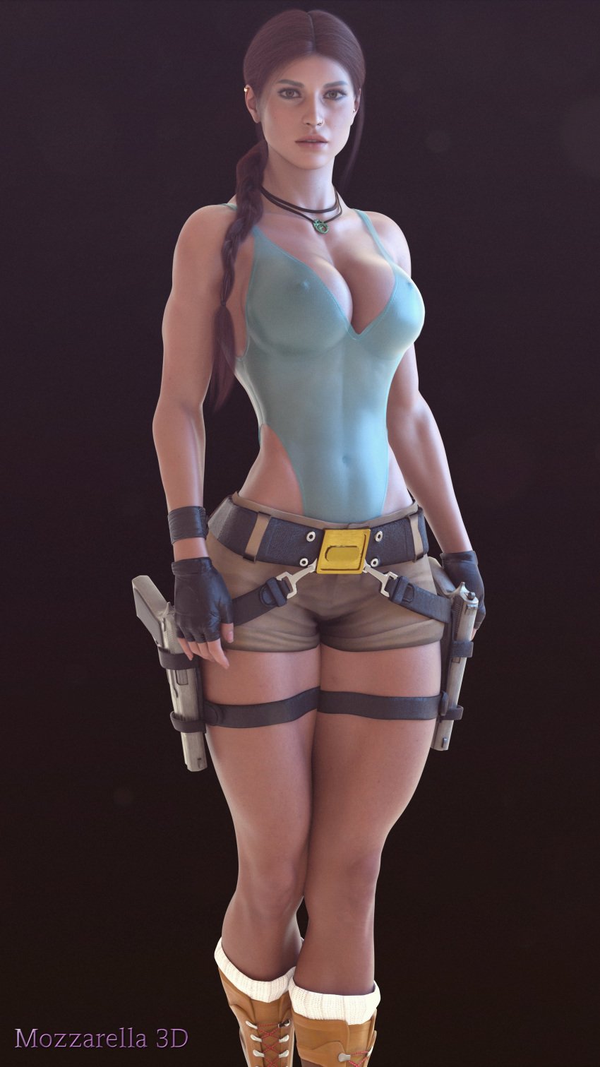 3d athletic athletic_female braid brown_eyes brown_hair busty cleavage erect_nipples female female_focus female_only hourglass_figure lara_croft lara_croft_(classic) leotard long_hair mozzarella3d nipple_bulge pinup pinup_pose tagme tomb_raider wide_hips