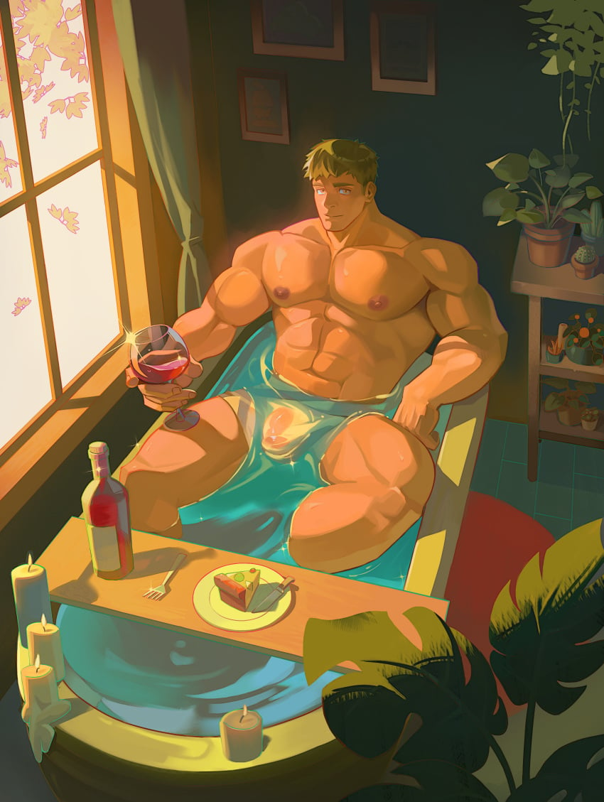 1boy abs absurdres alternate_muscle_size anoko_nai bara bathtub blonde_hair bottle candle claw_foot_bathtub commentary completely_nude cup drinking_glass dungeon_meshi flower_pot food fork gay glint highres holding holding_cup in_bathtub indoors knife laios_touden large_pectorals male_focus muscular muscular_male nipples nude pectorals penis plant potted_plant short_hair solo thighs water window wine_bottle wine_glass yellow_eyes