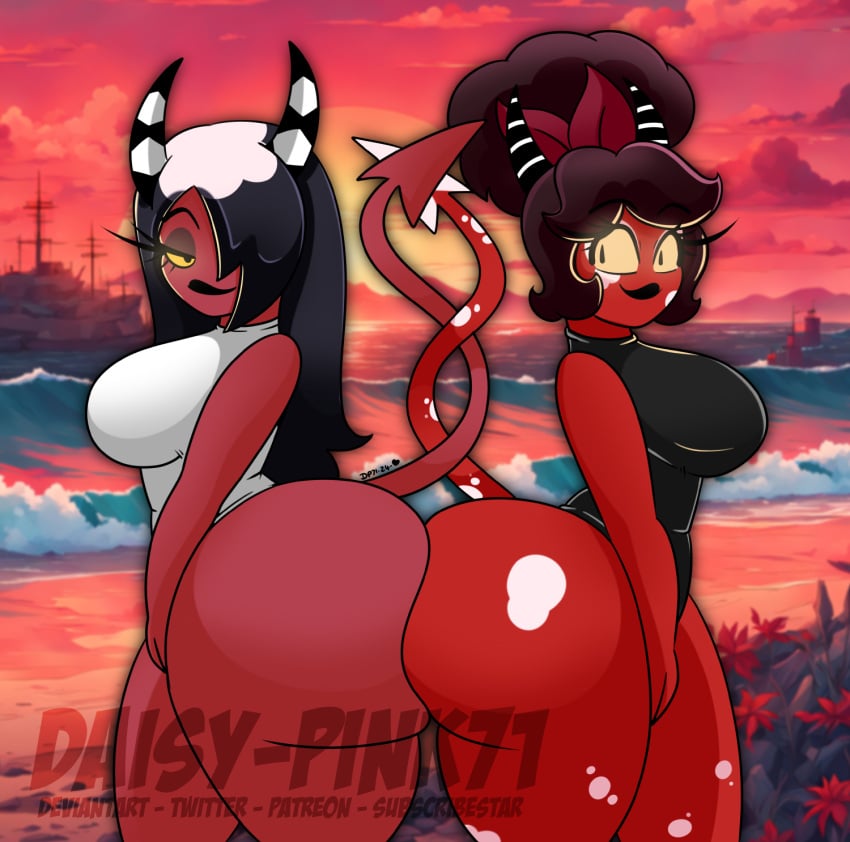 beach daisy-pink71 glowing_eyes helluva_boss horns huge_ass huge_breasts imp impsona pinup red_skin sally_may swimsuit vivziepop