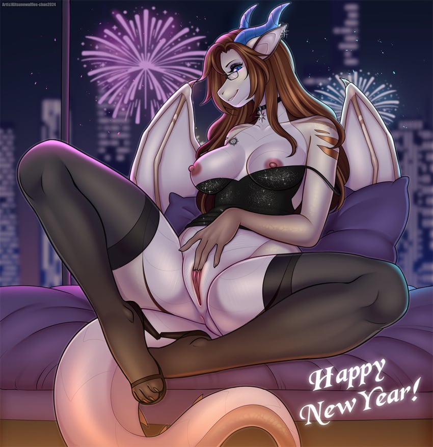 anthro anus blue_eyes blue_horn bottomless bottomless_anthro bottomless_female breasts brown_hair building city clothed clothing dragon eyelashes female fireworks footwear front_view genitals hair hi_res high_heels holidays horn inside kitsunewaffles-chan legwear membrane_(anatomy) membranous_wings mythological_creature mythological_scalie mythology new_year night nipples non-mammal_breasts non-mammal_nipples partially_clothed presenting presenting_pussy pussy scalie shoes skyscraper smile solo tail thigh_highs thighhighs tonilyn wings