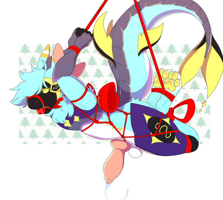 4_ears 4_toes anthro ball_gag balls big_penis blue_body blue_fur blue_hair bodily_fluids bondage bondage bound bow_ribbon christmas christmas_tree collar collar_only cum cum_drip cum_dripping_from_penis cum_string dipstick_ears dipstick_limbs dripping ear_markings erection feet festive_winter fish front_view fully_bound fur gag gagged genital_fluids genitals hair hands_behind_head hands_tied hi_res hindpaw holidays hybrid inner_ear_fluff knot knotted_penis legs_tied machine male marine multi_ear multicolored_body multicolored_ears multicolored_fur nude pawpads paws penis pilvi_owo pink_inner_ear plant protogen protogen_visor raised_tail restraints rope rope_bondage rope_harness screen screen_face shark side_view simple_background solo suspended_in_midair suspension suspension_bondage tail toes tree tuft white_body white_fur yellow_pawpads