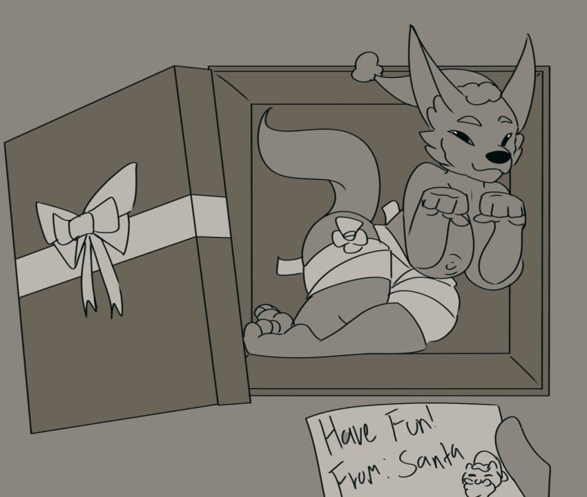 anthro ass breasts canid canine christmas christmas_clothing christmas_headwear clothing digital_media_(artwork) female fennec_fox first_person_view fox gift headgear headwear holidays looking_at_viewer mammal monochrome nipples note presenting ribbons simple_background smile solo true_fox wolfbaloo