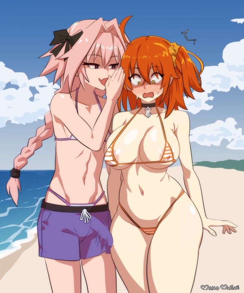 1boy 1girls astolfo_(fate) bare_arms bare_legs bare_shoulders bare_thighs big_breasts big_penis bikini bikini_bottom bikini_top bulge color fate_(series) female gudako hi_res large_breasts light-skinned_female light_skin maho_malice male male/female orange_hair pants_bulge pink_hair short_hair tagme thick_thighs