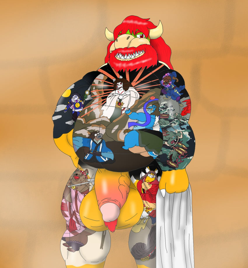 1boy alythewolfcat anthro asian_mythology balls beard belly big_balls big_belly big_penis body_hair bowser east_asian_mythology facial_hair furry genitals hairy_balls hi_res holding_object holding_towel huge_balls huge_belly huge_cock japanese_mythology koopa male mario_(series) muscular muscular_male mythology nintendo penis sauna scalie solo tattoo towel