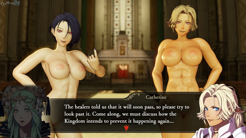 3d 3girls abs altar alternate_eye_color armpits bare_arms bare_legs bare_midriff bare_thighs beckoning bench blonde_hair blue_hair breasts catherine_(fire_emblem) church collarbone come_hither completely_nude corruption curse dochaunt24 duo_focus english_text evil_grin evil_smile exhibitionism female female_only femsub fingering fingering_self fire_emblem fire_emblem:_three_houses forced green_hair grin hair_between_eyes hand_on_own_hip hands_on_own_hips humiliation indoors large_breasts legs light-skinned_female light_skin looking_at_viewer masturbation medium_breasts midriff mind_control multiple_girls navel nintendo nipples nude nude_female on_altar on_back on_table orange_nails pillar presenting public public_nudity purple_nails pussy red_eyes rhea_(fire_emblem) shamir_nevrand short_hair shoulders smile spread_legs standing sub_dominating_sub table text text_box thighs trap yuri