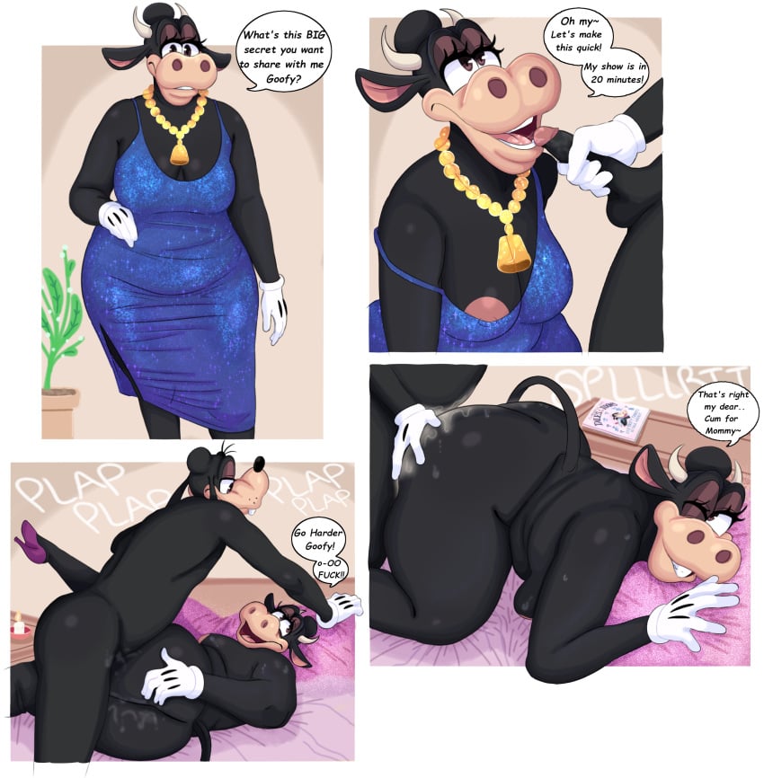 absurd_res anthro areola ass bedroom_eyes big_breasts big_butt bodily_fluids boolishclara bovid bovine breasts canid canine canis cattle clarabelle_cow clothing cum cum_inside dialogue disney domestic_dog duo ejaculation english_text female footwear genital_fluids genitals goofy_(disney) hand_on_butt hi_res high_heels jewelry male male/female mammal narrowed_eyes nipples penetration penis profanity seductive sex shoes smile text thick_thighs