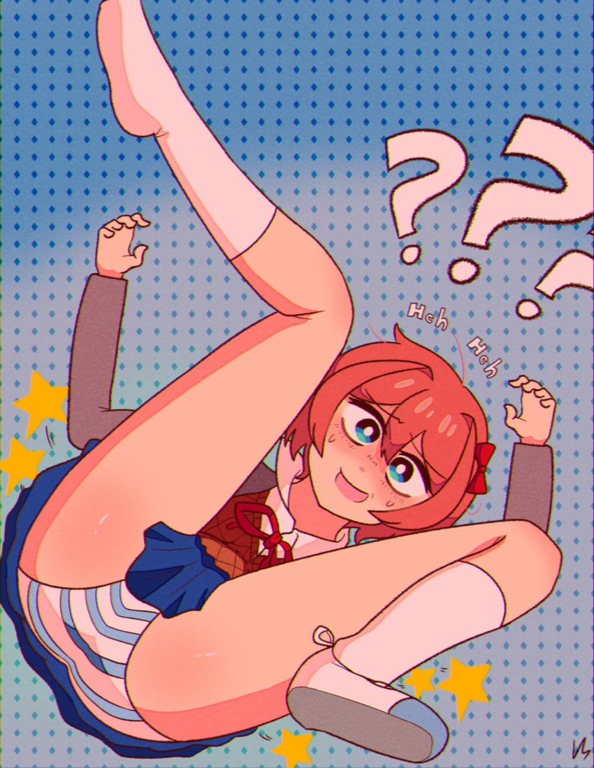 5_fingers blue_eyes blue_skirt doki_doki_literature_club english_text filthyhector panties sayori_(doki_doki_literature_club) shoes skirt socks text