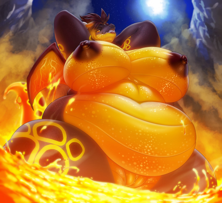 anthro areola artisipancake belly big_belly big_breasts black_areola black_body black_nipples breasts dragon elemental_creature female genitals glistening grin hands_behind_head huge_breasts hyper lava lava_creature lips looking_at_viewer low-angle_view mineral_fauna nipples obese orange_body overweight plump_labia portrait pussy seductive smile smoke solo spots thick_thighs three-quarter_portrait wide_hips wings