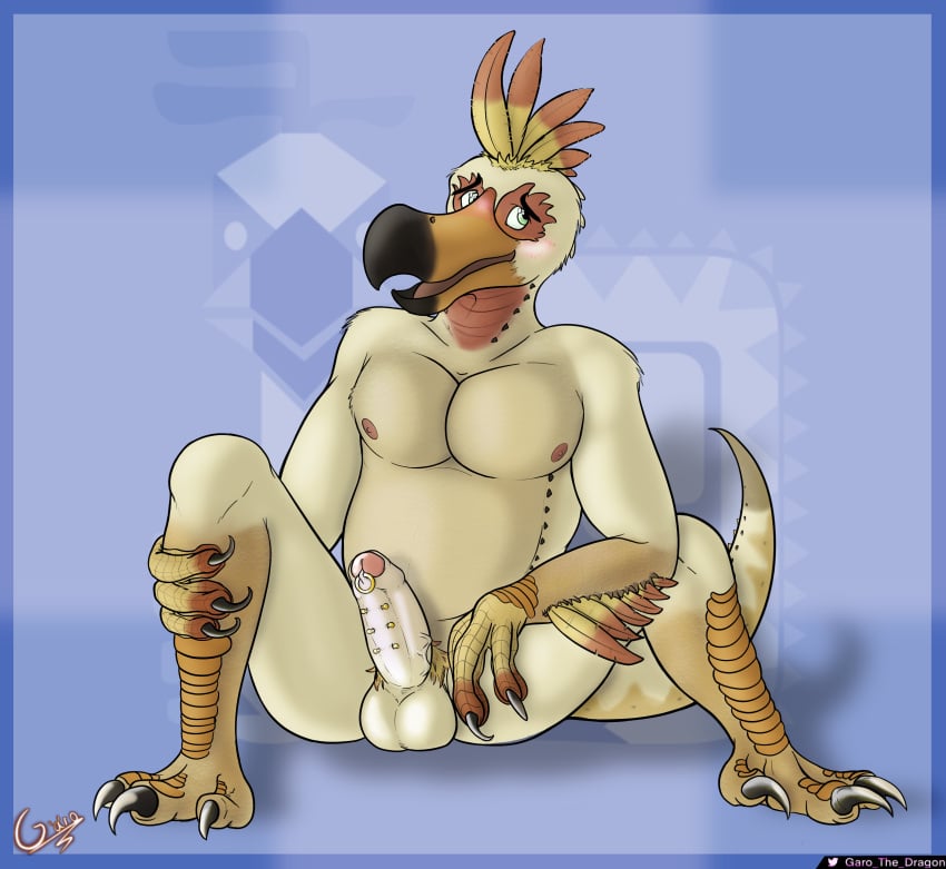 absurd_res accessory anthro aroused balls beak belly bird_wyvern blush capcom claws colored erection feather feathers foreskin garo_(artist) genitals hi_res holding_leg humanoid_genitalia humanoid_penis kulu-ya-ku looking_away male male_focus male_only male_solo monster_hunter nipples nude pecs penis penis_accessory piercing pinup pose pubes shaded simple_background sitting slightly_chubby solo solo_male tongue video_games