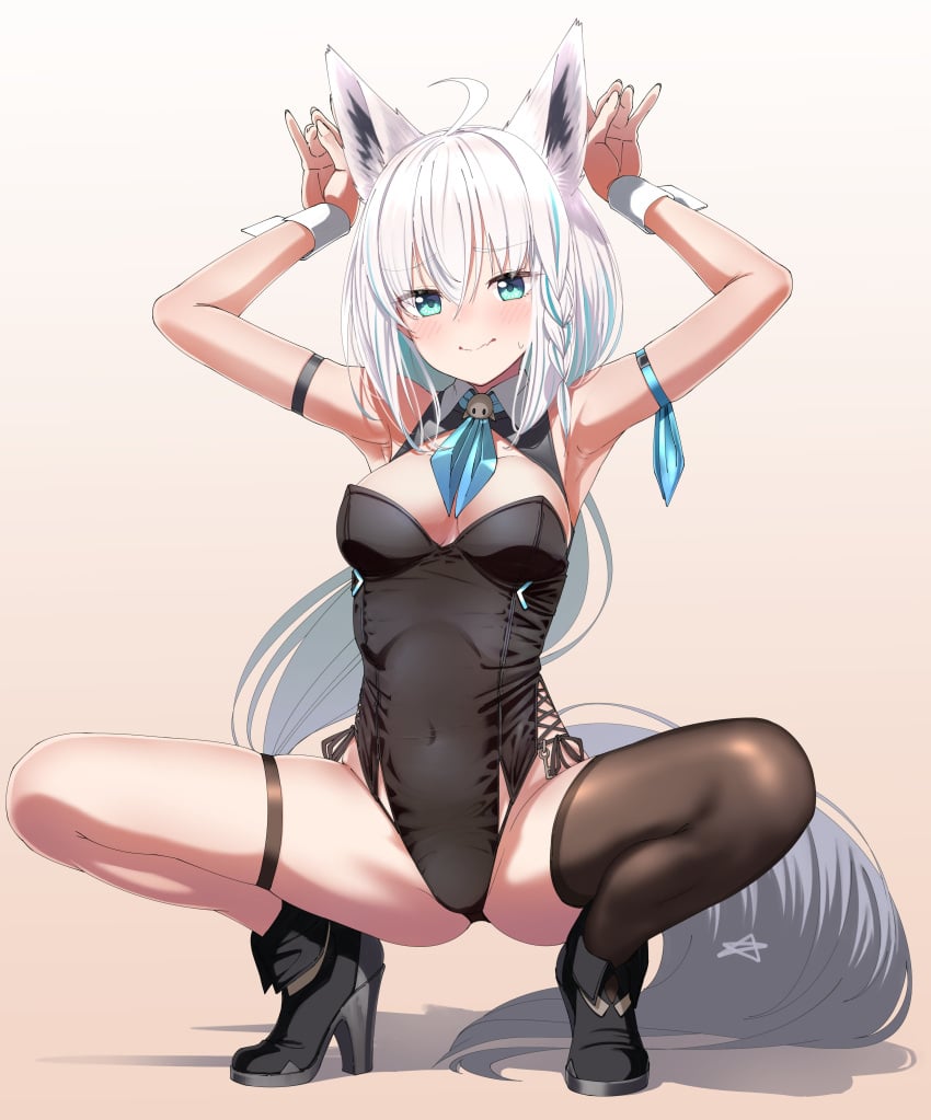 ahoge aqua_eyes armband armbands armpit armpits arms_up big_breasts black_armband black_armwear black_boots black_bunnysuit black_ear_fluff black_high_heel_boots black_high_heels black_legwear black_leotard black_thigh_highs black_thighhighs blue_armband blue_armwear blue_eyes blue_hair blue_striped_hair blue_stripes blue_tie braid braided_hair breasts bunnysuit cinomoon collar_shirt covered_crotch crotch cuffs cuffs_(clothing) female fingers_together fox fox_ears fox_girl fox_tail foxgirl green_eyes hands_above_head heels high_heel_boots high_heels hololive hololive_gamers hololive_gen_1 hololive_japan kitsune legband leotard long_hair shirakami_fubuki squatting star tagme tail thigh_highs thighhighs thighs tie tummy virtual_youtuber white_ahoge white_cuffs white_ears white_fur white_hair white_tail