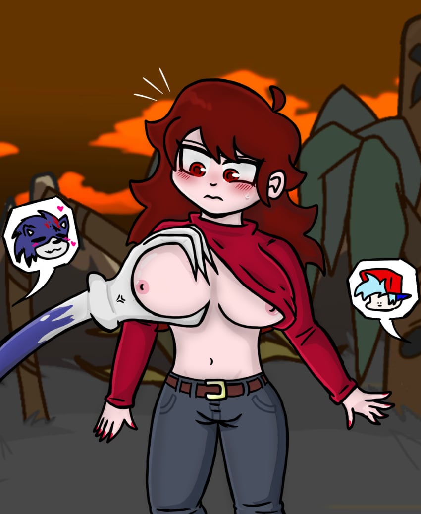 1girls big_breasts blush boyfriend_(friday_night_funkin) breast_grab breasts brown_hair dubious_consent exe_(revie) faker_gf_(friday_night_funkin) female friday_night_funkin girlfriend_(friday_night_funkin) idiot jeans long_hair painted_nails red_eyes red_sweater sonic.exe straight stupid surprised yoby