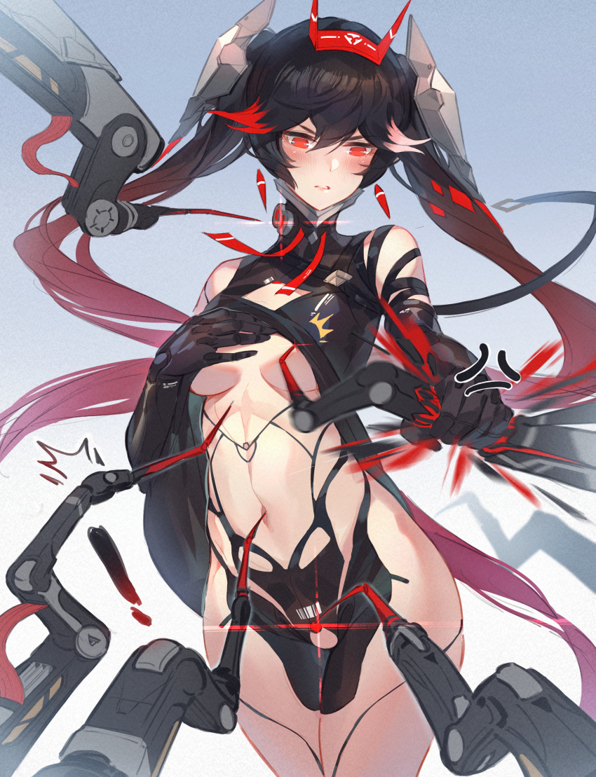 1girls angry armor black_hair blush breasts female lucia_(punishing:_gray_raven) lxkate machine maintenance partially_clothed punishing:_gray_raven red_eyes red_hair repair robot_girl solo standing twintails