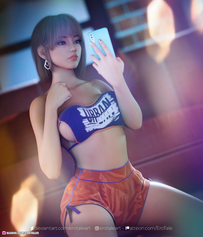 1girls 2022 3d amanda_(erotales) brown_hair clothed clothing dutch_angle earrings erotales female female_only holding_object holding_smartphone large_breasts light_brown_hair lipstick mirror_selfie original_character selfie slushe_(website) smartphone solo solo_female