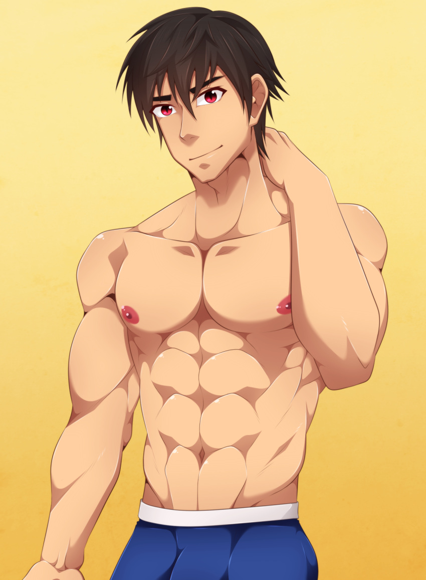 1boy abs aono_tsukune boxers brown_hair catnappe143 male_only muscular muscular_male nipples pecs red_eyes rosario+vampire smile underwear