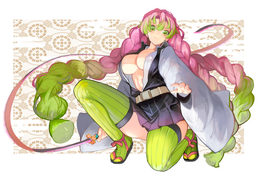 big_breasts braided_hair cleavage crouching demon_slayer female female_only full_body green_eyes haori kanroji_mitsuri kimetsu_no_yaiba long_hair looking_at_viewer no_bra open_shirt pink_hair pleated_skirt pupps smile solo sword thighhighs two_tone_hair uniform very_long_hair weapon